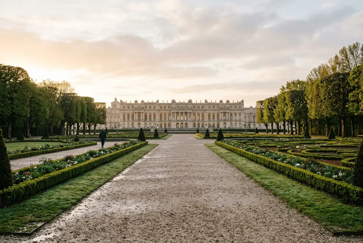 Nearly empty garden path at the Palace of Versailles in soft early morning light with the palace facade in the distance, best time to visit versailles