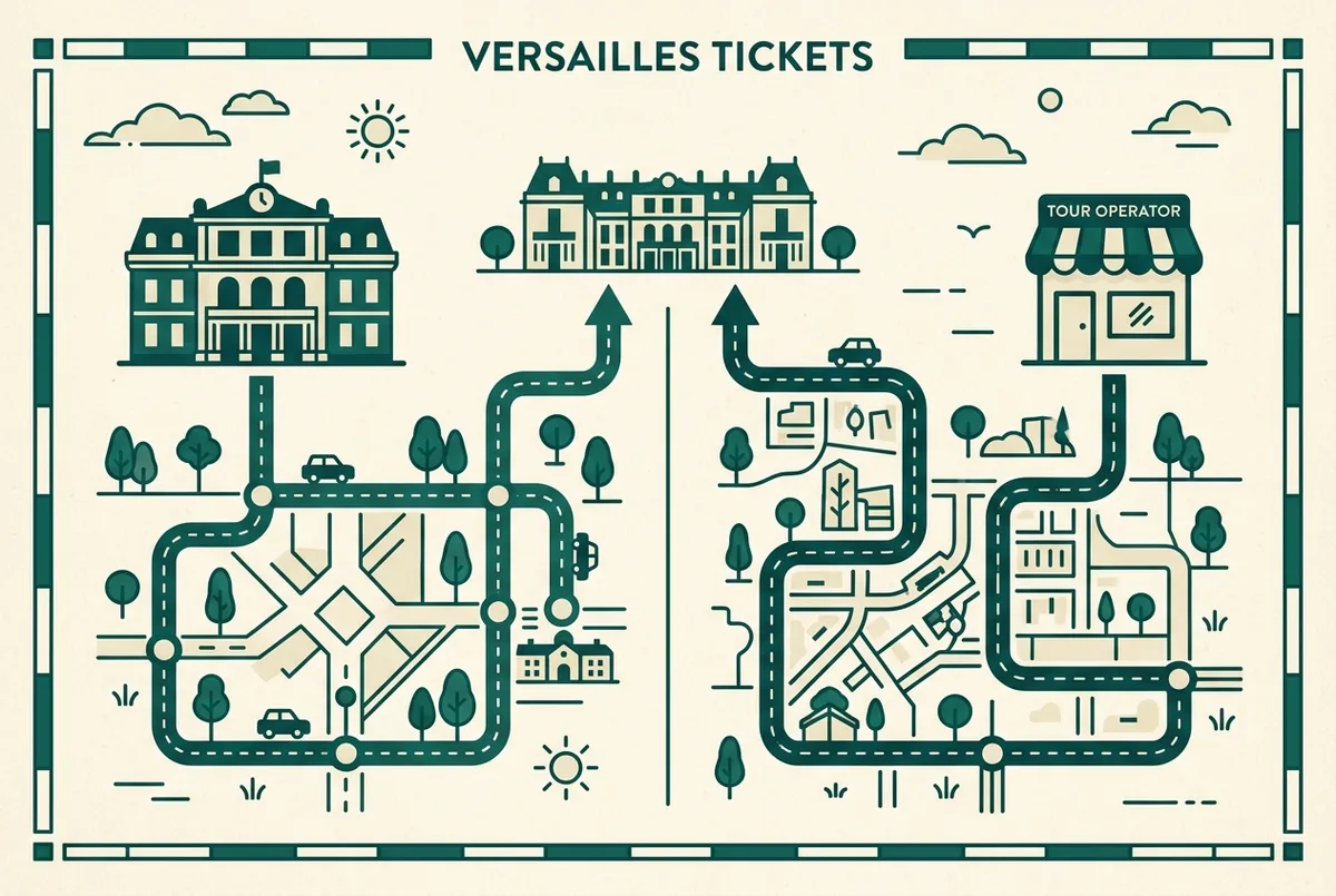 Infografía sencilla comparando dos caminos para reservar una entrada al Palacio de Versalles, un icono para la web oficial del palacio y otro para una oferta de operador turístico, estilo minimalista plano, sin texto salvo etiquetas genéricas