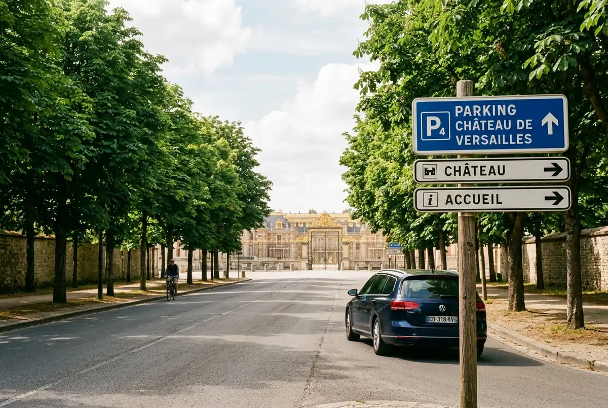 Voiture se garant sur le grand parking Place d'Armes face aux grilles dorées du château de Versailles, matin clair, quelques places encore libres