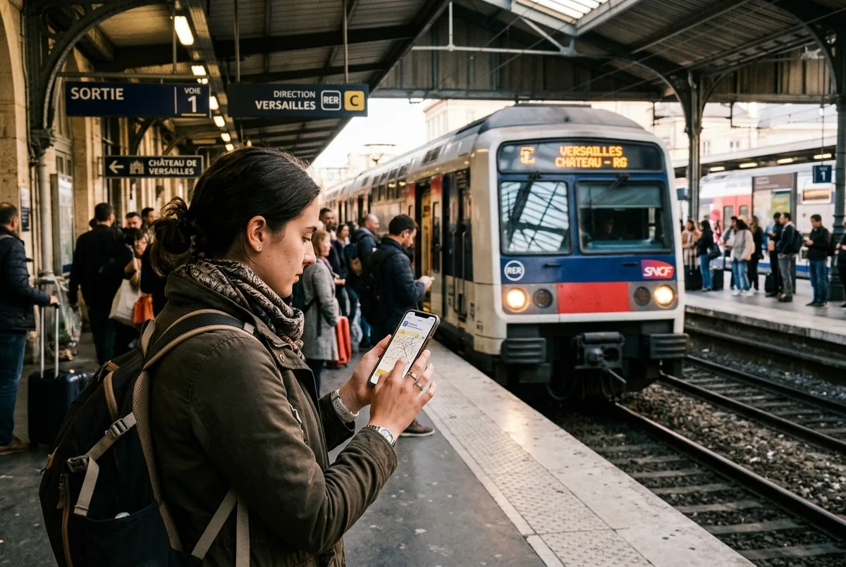 Traveler checking a transit map on a phone at a Paris RER platform before a trip to Versailles from Paris, train arriving in the background