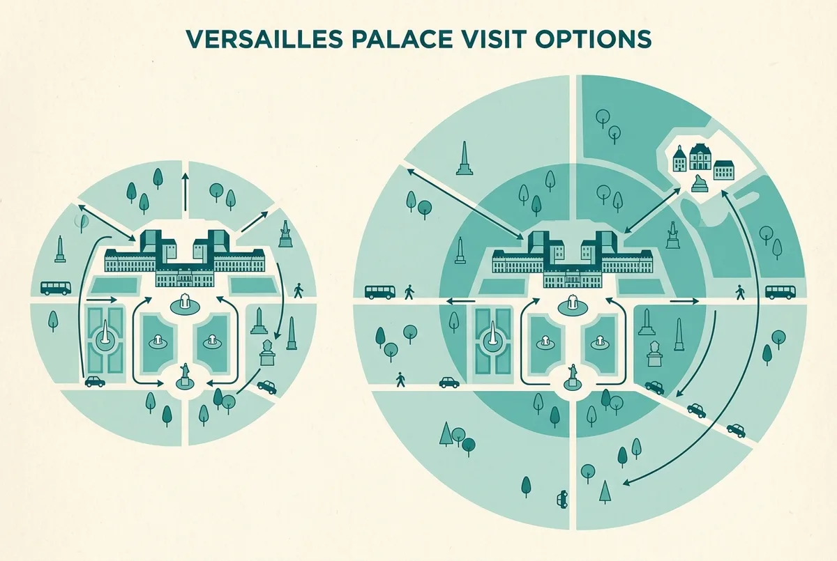 Simple map comparing the ground covered on a versailles half day tour against a full day tour, shaded area around the palace for the half day, a wider shaded area reaching the Trianon for the full day, flat minimalist style, generic labels only