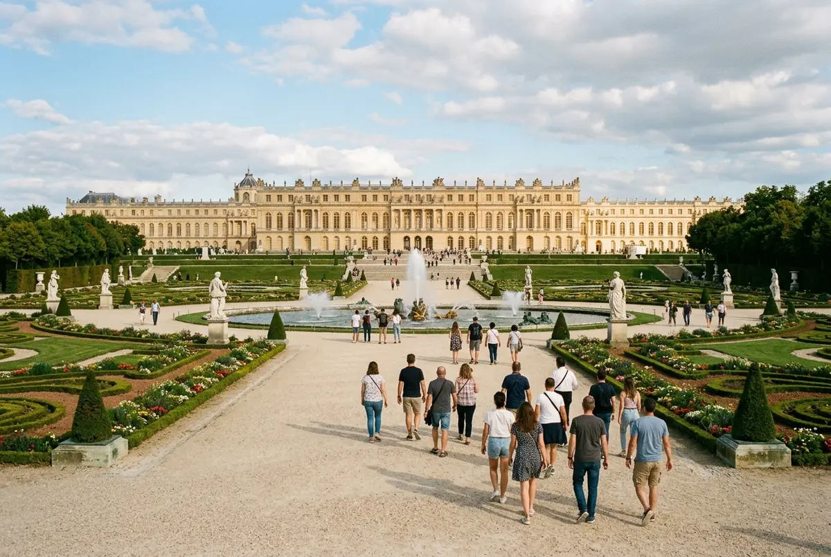 Visitors walking through the gardens toward the Palace of Versailles with the fountains and formal lawns in view