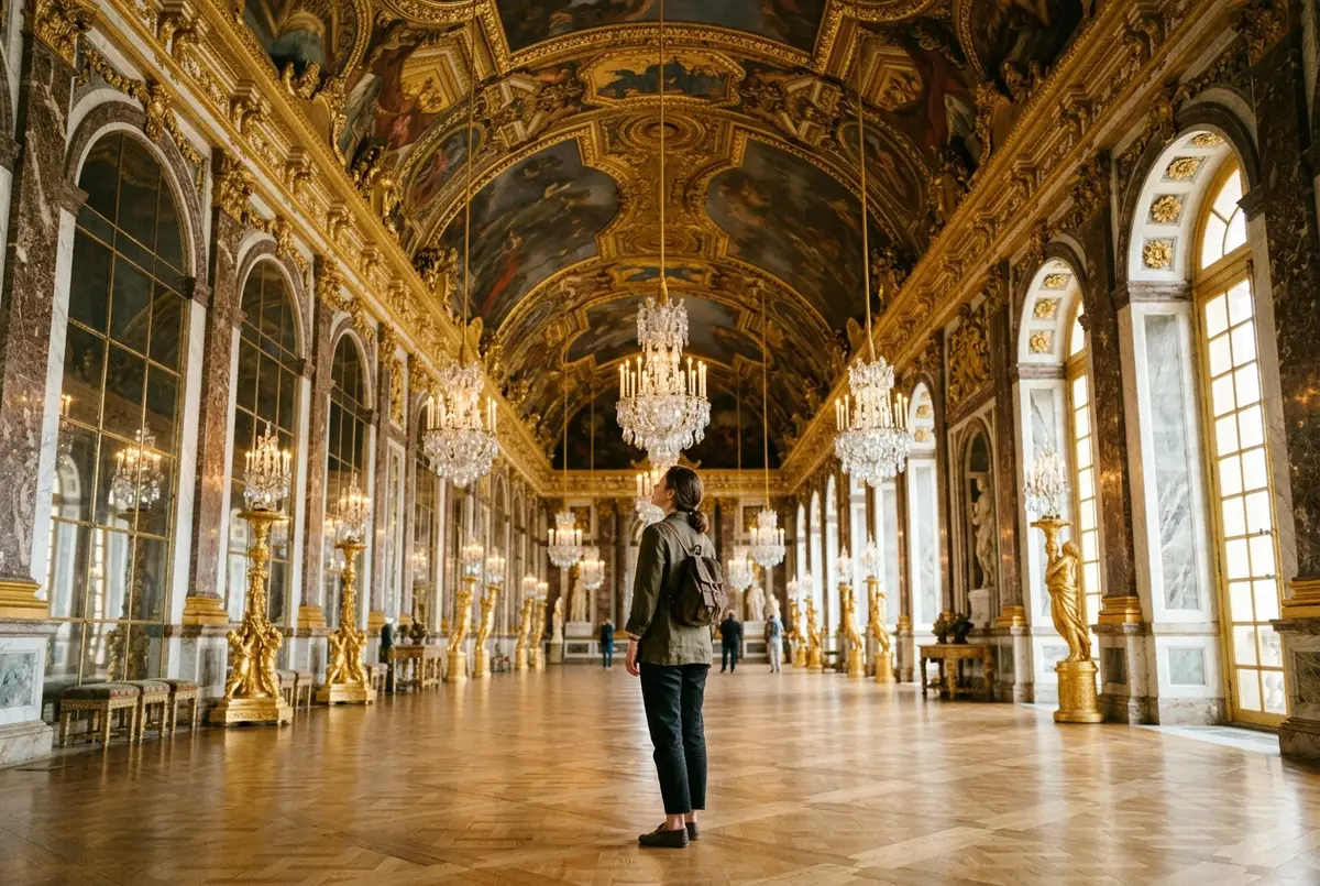 Besucher steht beeindruckt im Spiegelsaal von Schloss Versailles und blickt auf die bemalte Decke, schloss versailles lohnt sich Stimmung