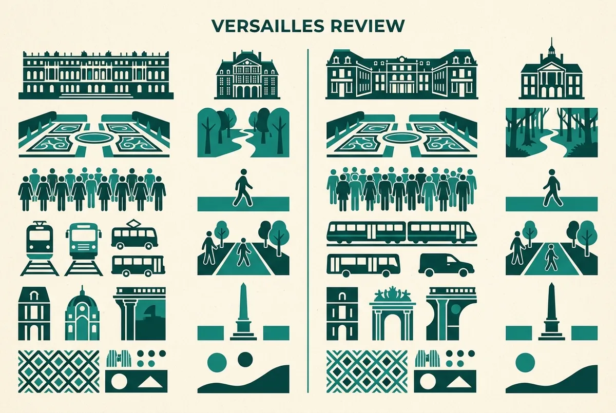 Einfache Vergleichsinfografik mit zwei Spalten, links Vorteile und rechts Nachteile eines Versailles Besuchs als generische Haken- und Kreuz-Symbole, flaches minimalistisches Design, keine Texte oder Zahlen im Bild, schloss versailles lohnt sich Abwägung