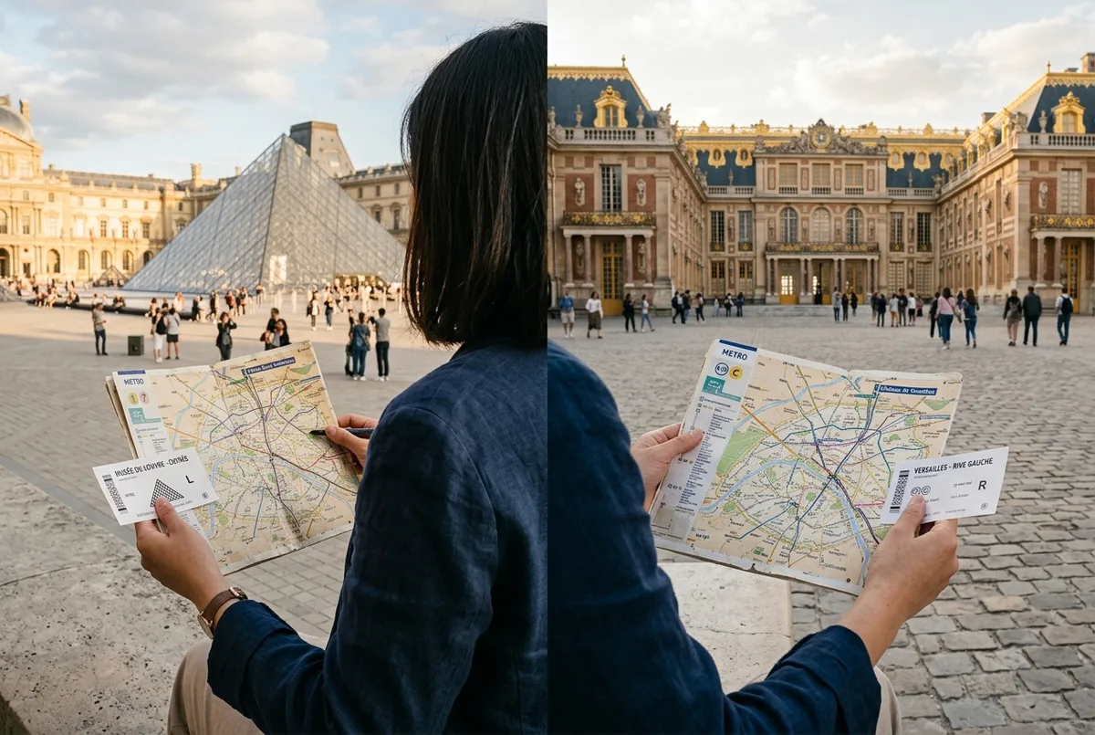 Split scene of a traveler consulting louvre and versailles tickets on a Paris metro map, Louvre pyramid on one side and Palace of Versailles facade on the other