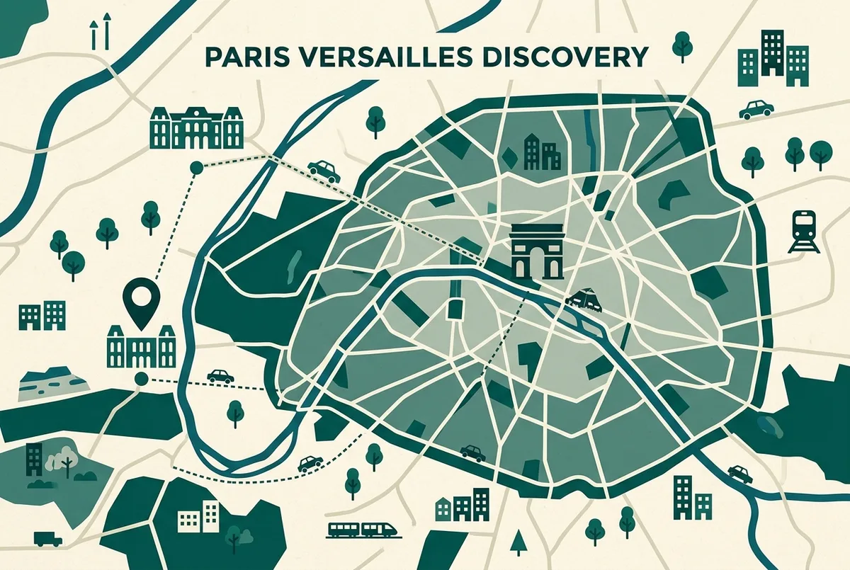 Simple map-style infographic showing central Paris, the Louvre marker and the Versailles marker with an approximate travel-time line between them, flat minimalist icons, generic place labels only