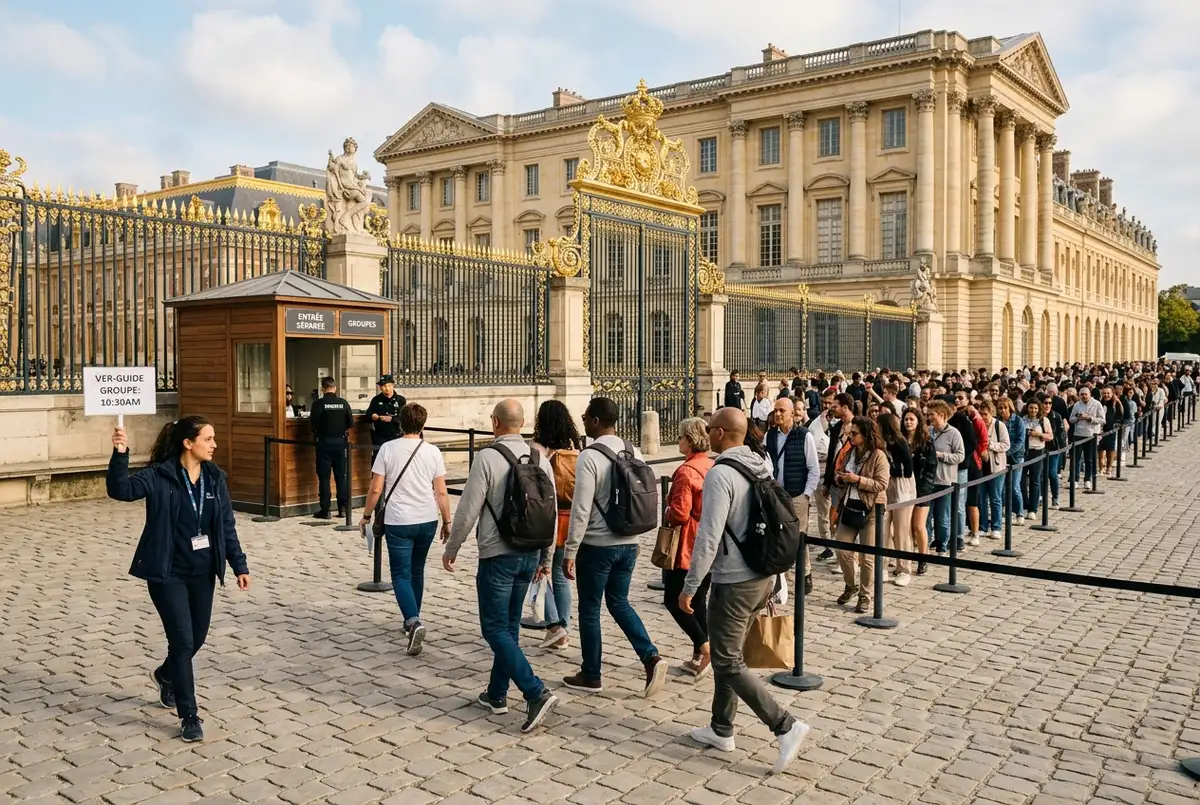 Kleine Reisegruppe mit versailles tickets ohne anstehen betritt das Schloss durch einen separaten Eingang an einem sonnigen Vormittag