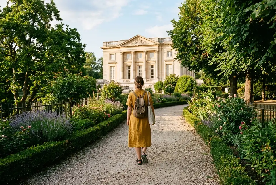 Różowo biały fasada Grand Trianon wśród trawników i alejek, z turystami idącymi w stronę wejścia, grand trianon bilety