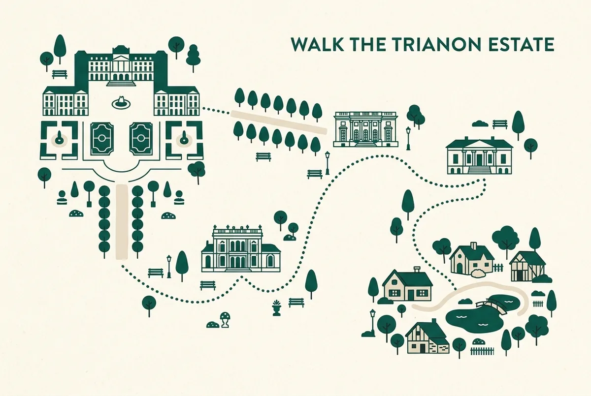 Mapa pieszej trasy od głównego Pałacu Wersalskiego przez ogrody do Grand i Petit Trianon, ikony pałacu, ścieżki i wahadłówki, styl czysty i edytorialny