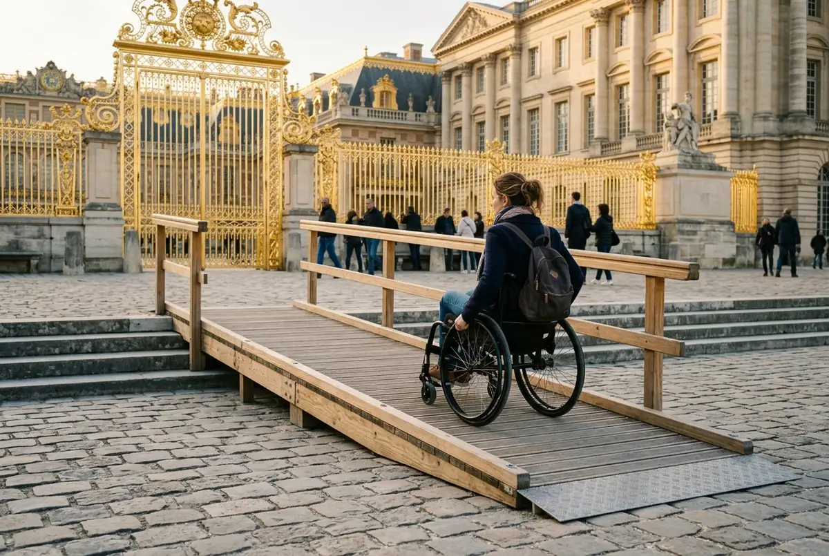 Visiteur en fauteuil roulant empruntant une rampe d'accès à l'entrée du château de Versailles, accompagnateur à ses côtés, matin ensoleillé