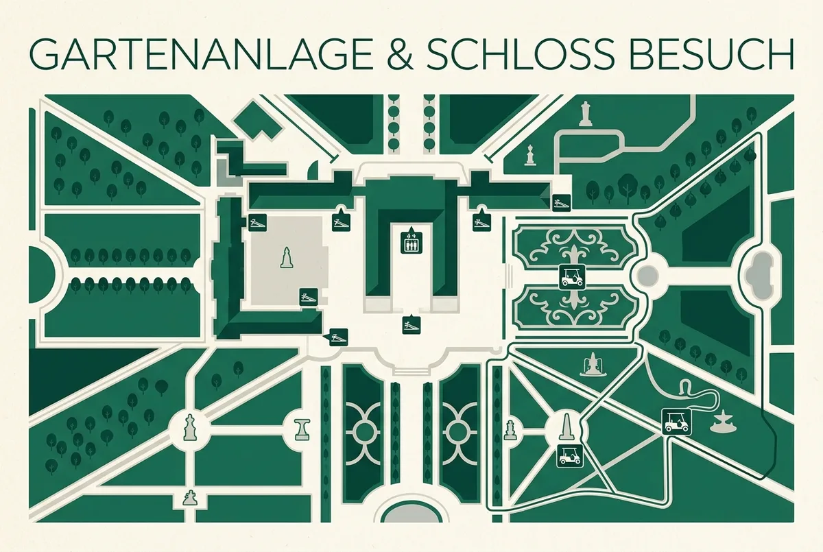 Infographie simple montrant un parcours accessible dans le château de Versailles, rampes, ascenseur et allées planes des jardins, icônes génériques pour fauteuil roulant et chemin, style minimaliste plat, aucun texte hormis des étiquettes génériques