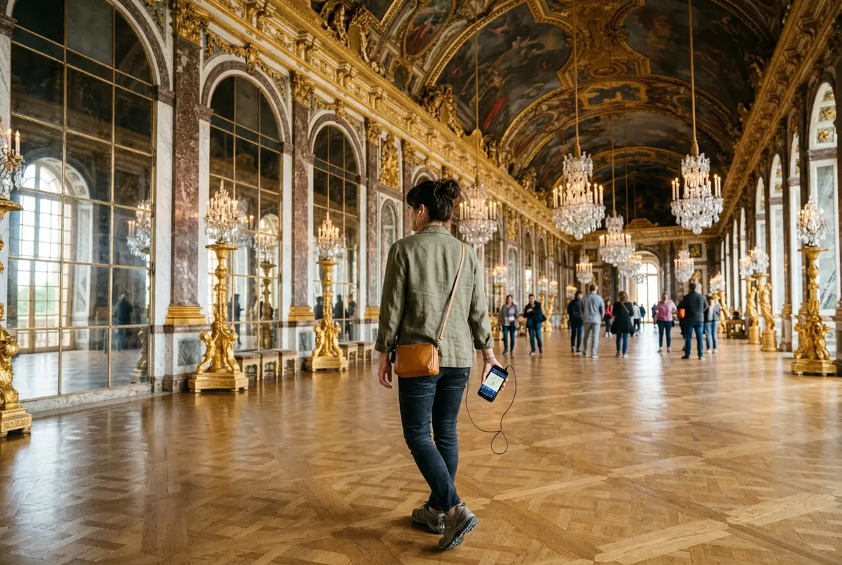 Bezoeker luistert naar de versailles audiogids via een smartphone app in de staatsappartementen van het Paleis van Versailles bij zacht ochtendlicht
