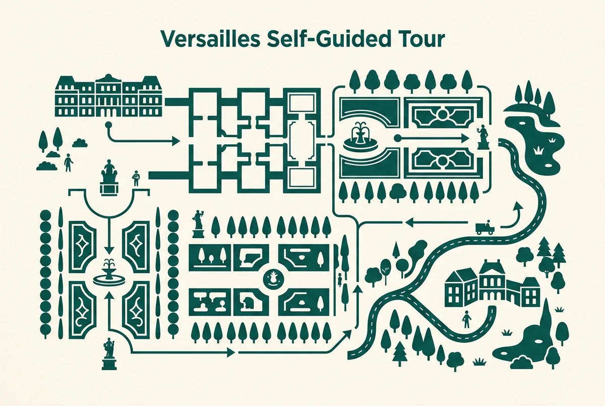 Kaart van de zelfstandige route met de versailles audiogids langs de Spiegelzaal, de tuinen en het Domein van Trianon