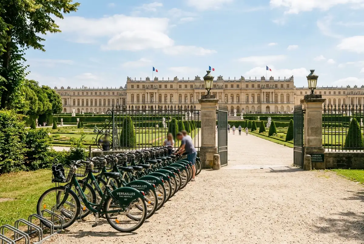 Row of rental bicycles parked near a garden path entrance at Versailles with the palace visible behind, bright midday light, versailles bike rentals