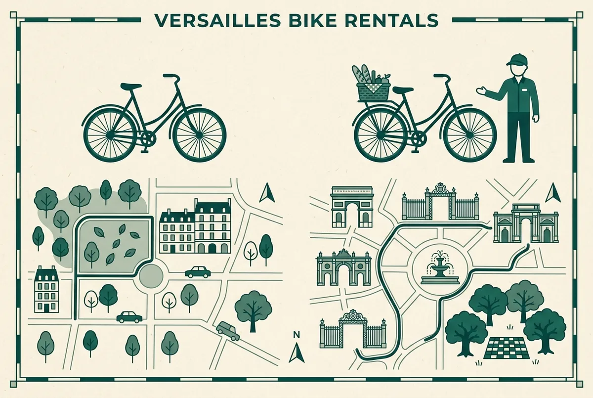 Simple comparison infographic showing a plain bicycle icon against a bicycle icon paired with a guide figure and a picnic basket, flat minimalist style, generic labels only, versailles bike rentals comparison