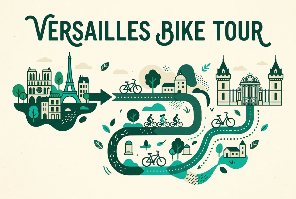 Simple route map showing a Paris departure point, an arrow to Versailles, and icons for a bicycle and a palace gate along the way, flat minimalist style, generic labels only, versailles bike tour from paris route concept