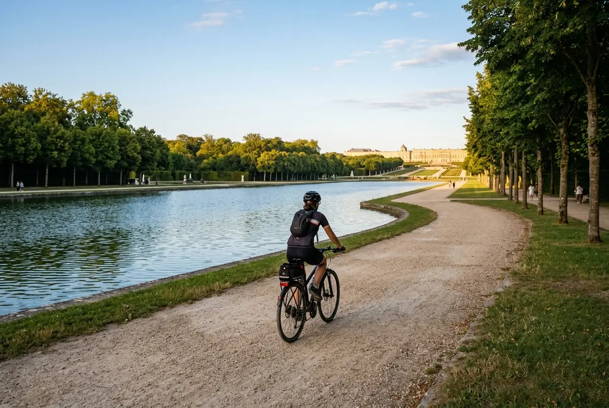 Cyclist riding a gravel path along the Grand Canal at Versailles with the palace gardens stretching into the distance, versailles bike tour route