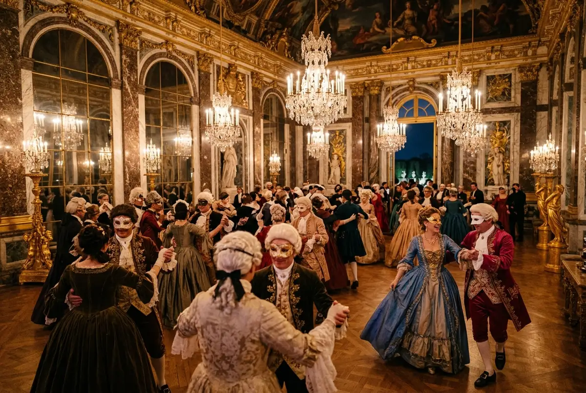 Façade dorée du château de Versailles illuminée en soirée pendant un événement festif, discrète décoration hivernale près de la grille d'honneur, ambiance chaleureuse au crépuscule