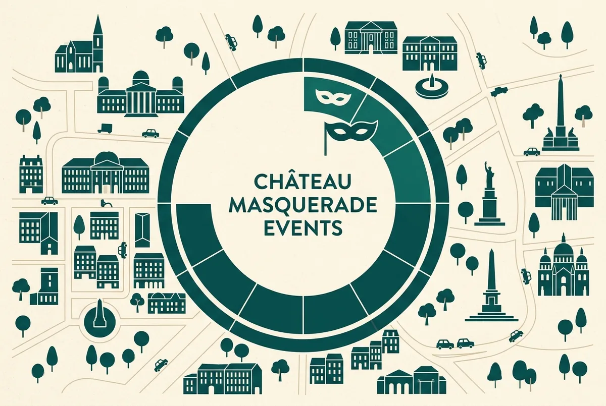 Infographie simple présentant quatre types d'événements au château de Versailles sur une année type, icônes génériques pour feu d'artifice, sapin, loupe patrimoniale et étoile nocturne, style plat minimaliste, aucun texte hormis des étiquettes génériques