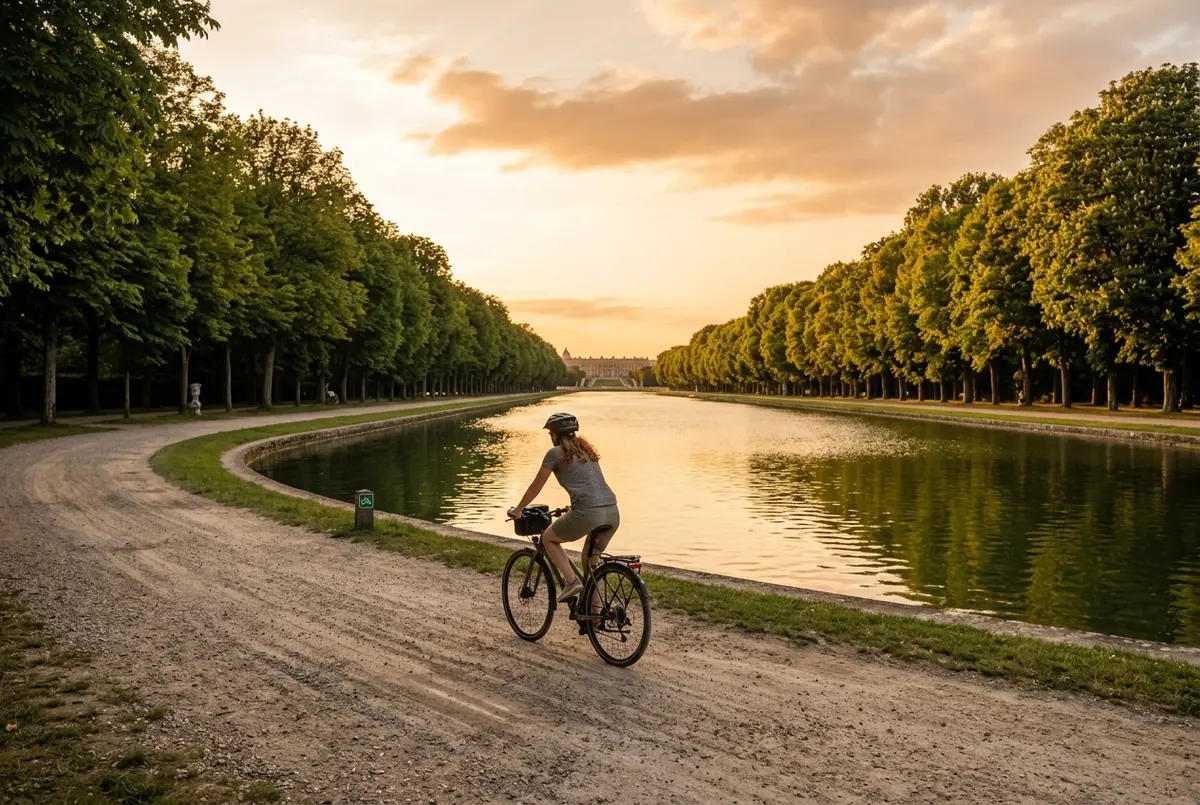 Cyclist riding a gravel path along the Grand Canal loop at Versailles gardens with the water and tree-lined avenue stretching ahead, golden hour light, versailles garden tour bike route