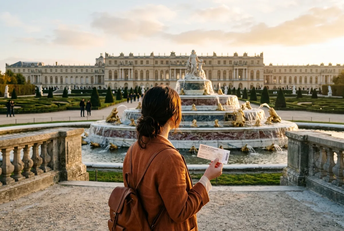 Besucherin geht an einem sonnigen Vormittag durch die symmetrischen Beete der Gärten von Versailles, versailles garten eintritt Stimmung
