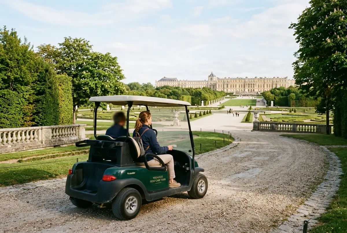 Traveler driving a golf cart along a gravel path through the Versailles Royal Grounds with the palace visible in the distance, soft daylight, versailles golf cart tour