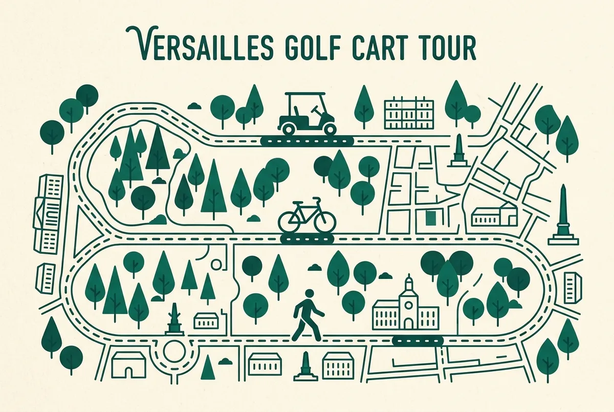 Simple infographic comparing a golf cart icon, a bicycle icon and a walking-figure icon over a garden path outline with route-length labels, flat minimalist style, generic labels only, versailles golf cart tour comparison