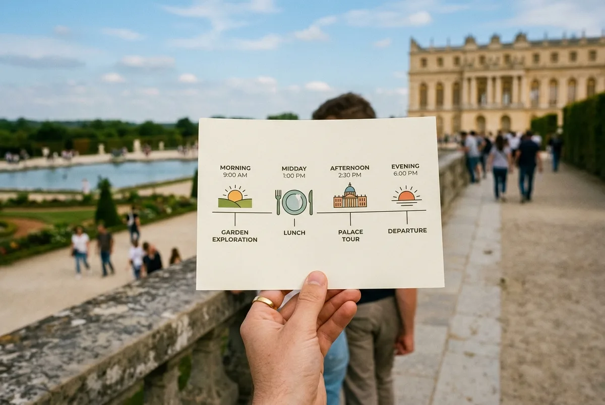 Simple timeline graphic showing a full day itinerary with a lunch block placed midway between a garden icon and a palace icon, flat minimalist style, generic labels only, versailles lunch tour day pacing