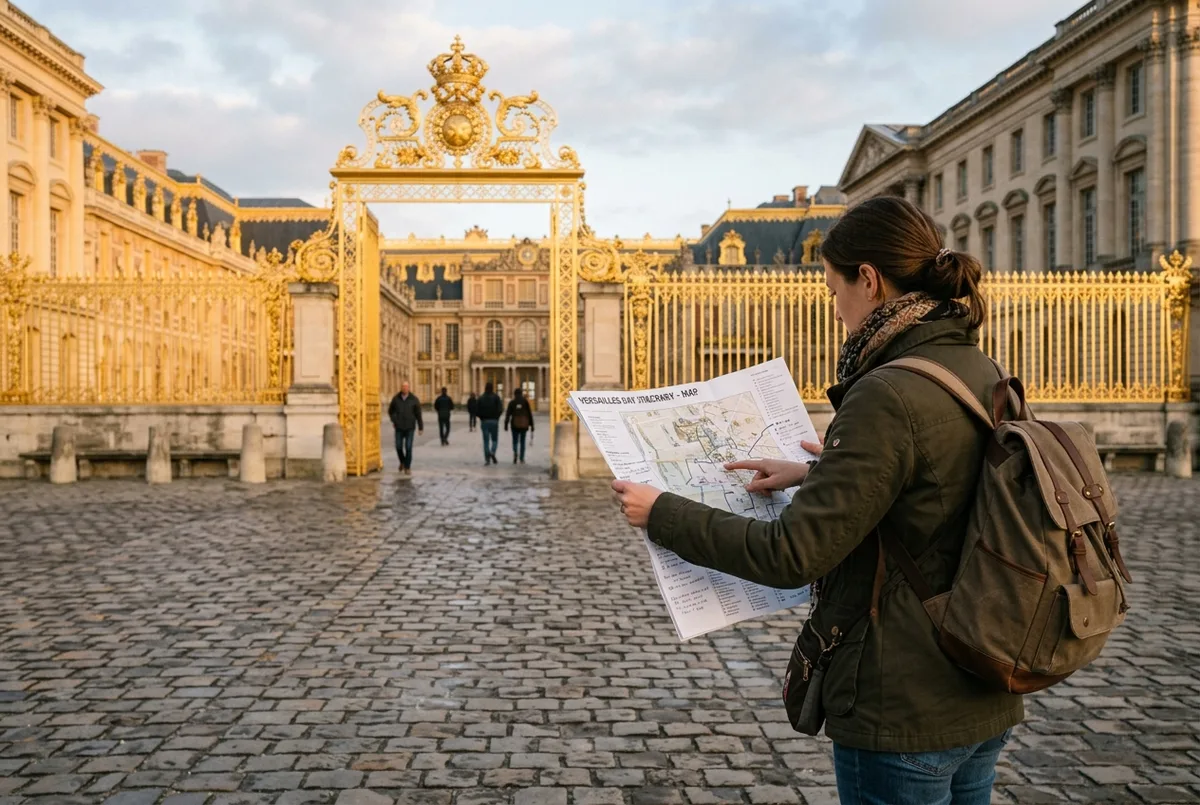 Resenär tittar på klockan och en pappersresplan framför Versailles slotts gyllene grindar tidigt en klarblå morgon, redo för en dag i Versailles