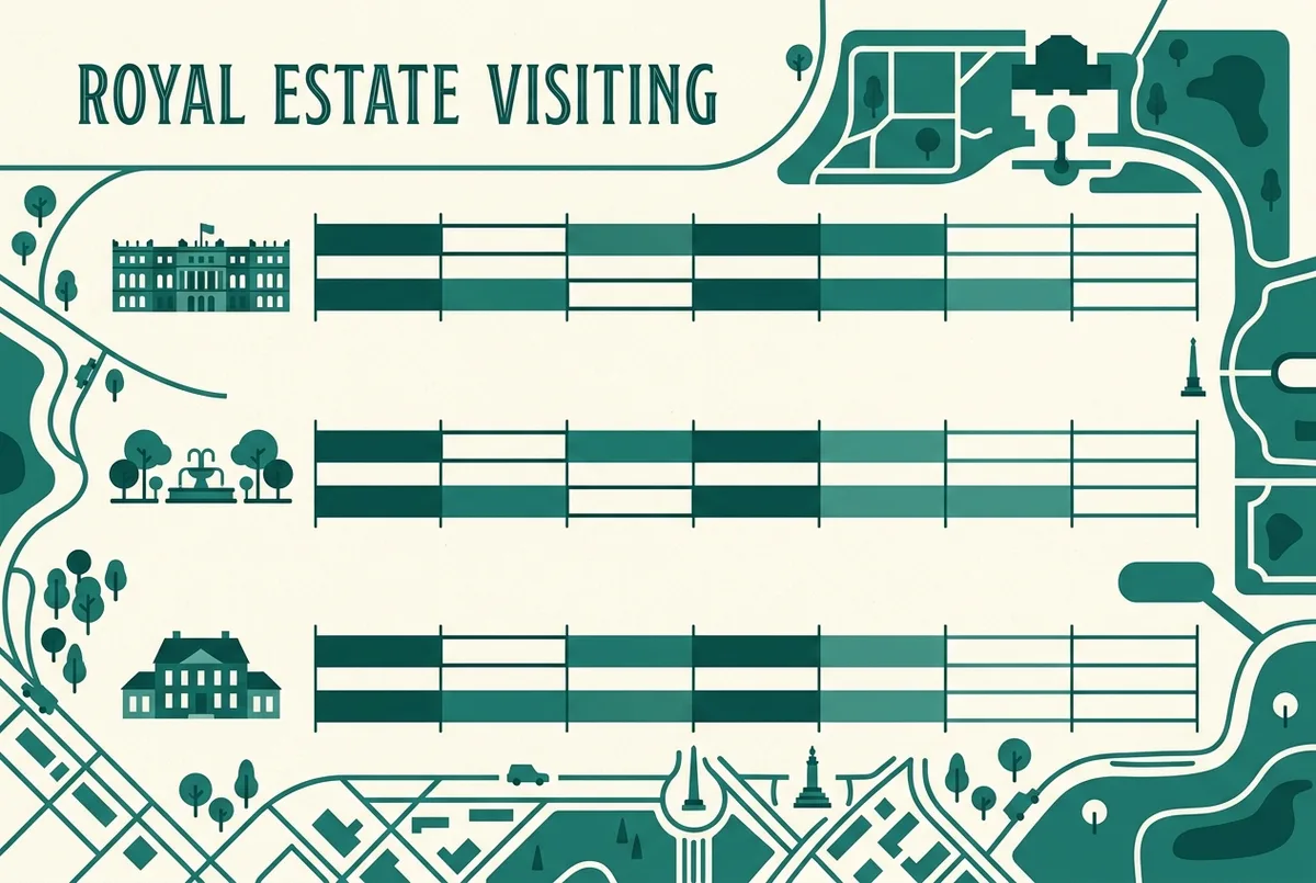 Simple side-by-side infographic comparing palace, gardens and Trianon opening hours as horizontal timeline bars across a week, flat minimalist style, generic day labels only, versailles opening hours comparison