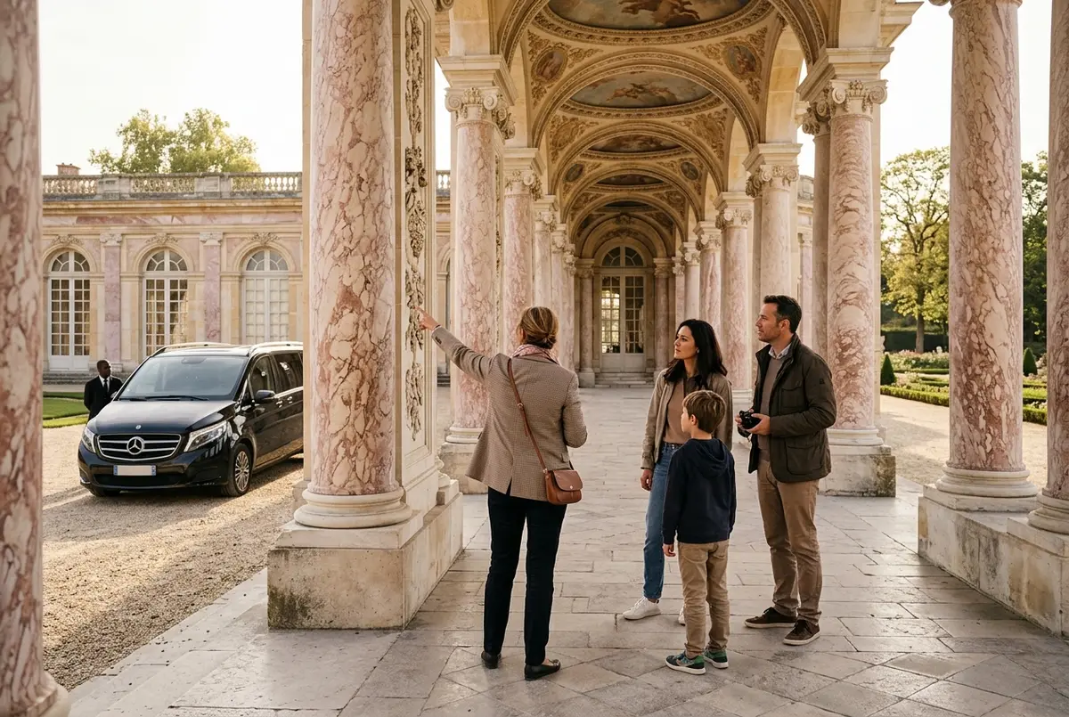 Private guide pointing out a detail in the Grand Trianon colonnade to a small family group on a versailles private tour, Mercedes parked nearby