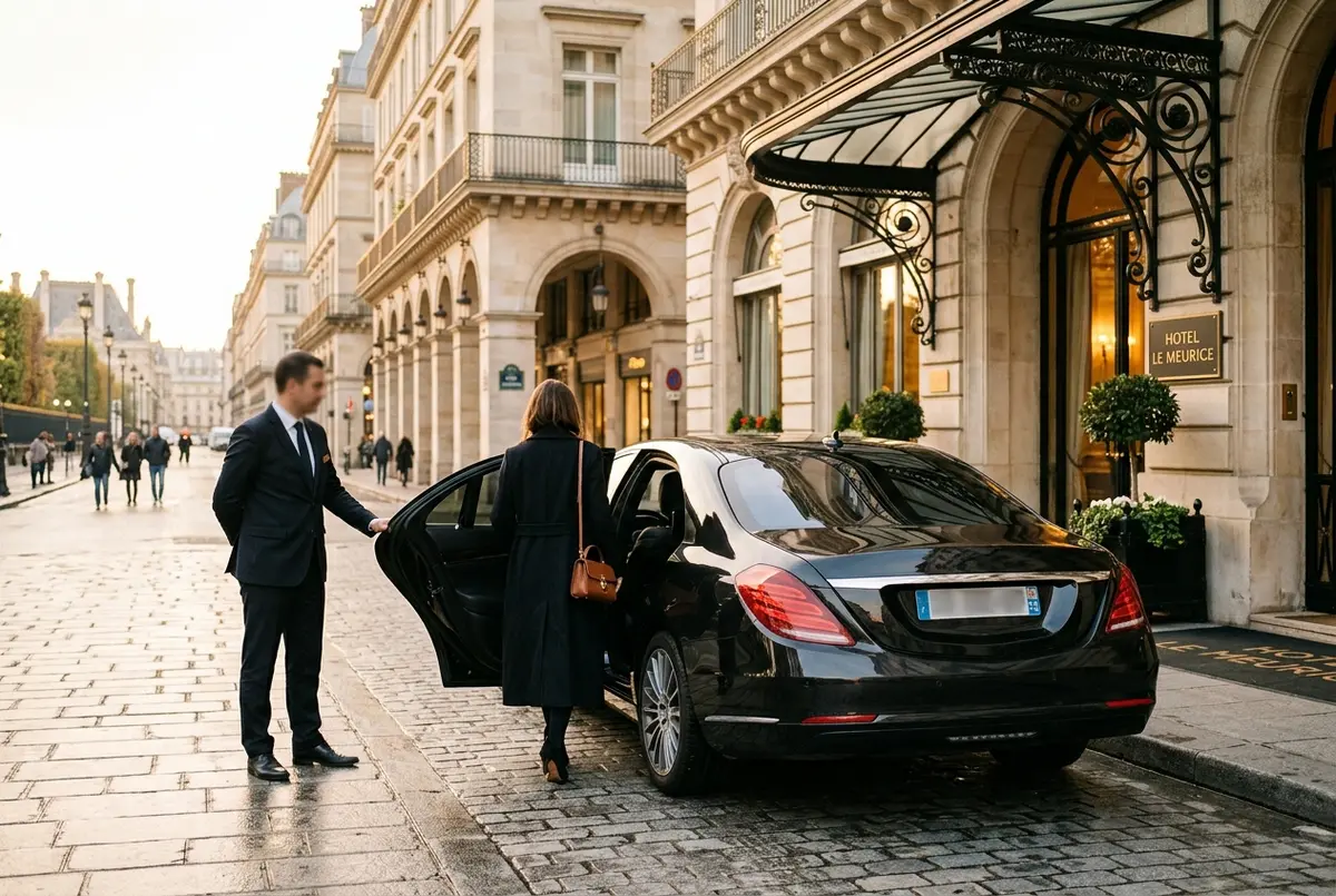 Editorial scene of a sleek dark Mercedes sedan waiting at a Paris hotel entrance at early morning light, a driver holding the door, versailles private tour hotel pickup
