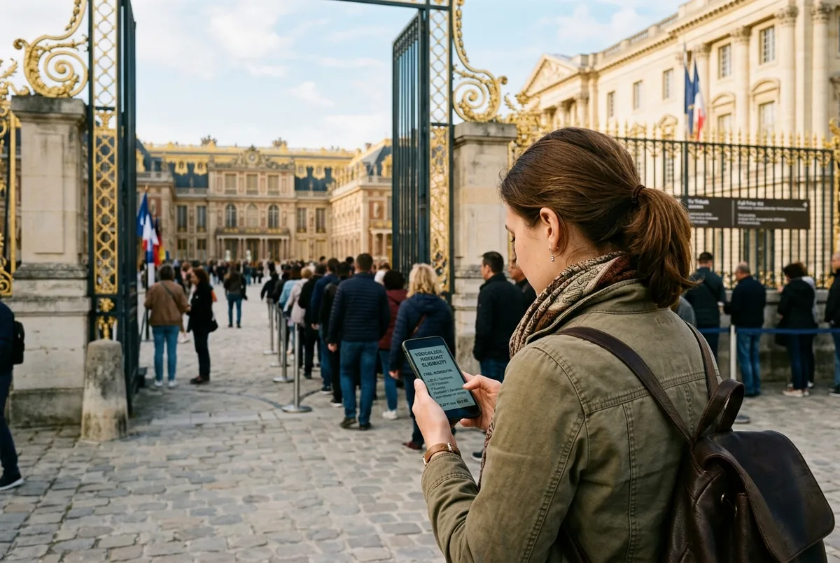 Young traveler checking a discount eligibility list on a phone outside the Palace of Versailles ticket gates, soft morning light, versailles admission cost