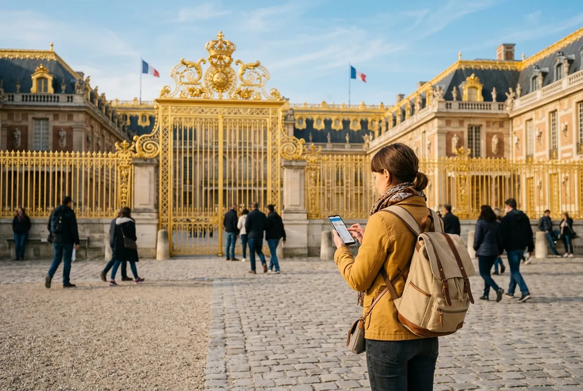 Traveler comparing ticket options on a phone outside the gilded gates of the Palace of Versailles at mid-morning, palace facade and Place d'Armes in the background