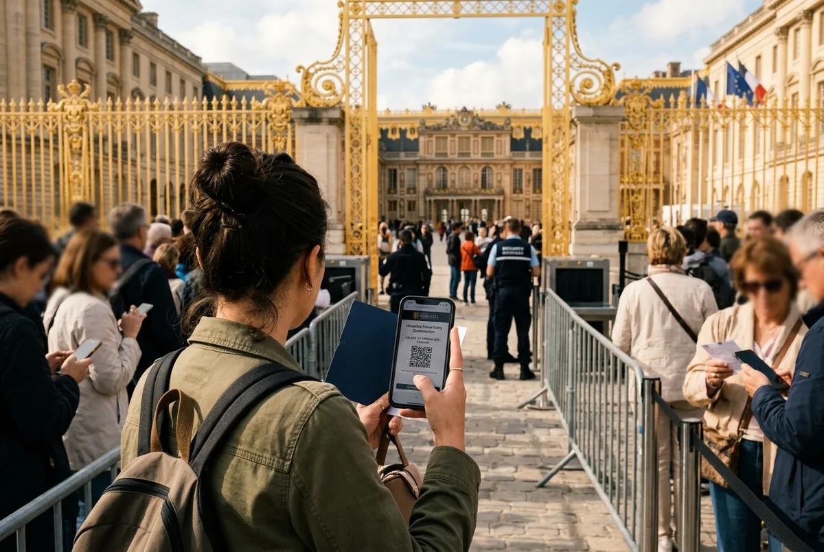 Traveler checking a versailles timed entry confirmation on a phone while queuing at the palace security gate, Place d'Armes in early morning light