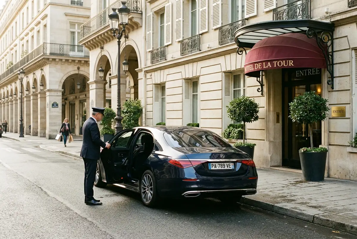 Mercedes sedan parked outside a Paris hotel entrance for a Versailles tour from Paris with hotel pickup, driver waiting by the open door, morning
