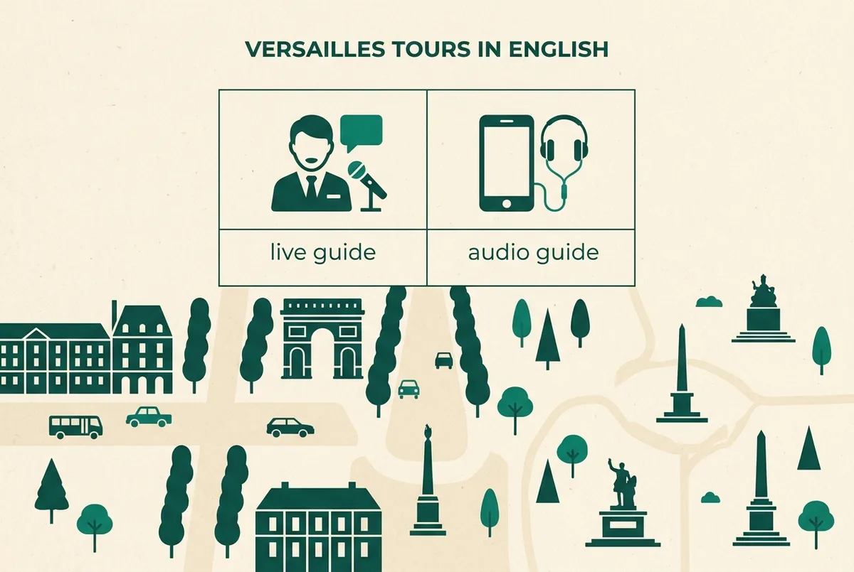 Mapa esquematic mostrant la ruta entre paris i versalles amb etiquetes genèriques per a estacio de tren, palau i jardins