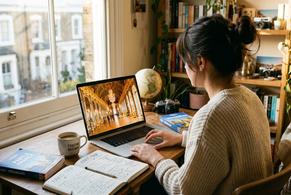 Traveler browsing a virtual tour of Versailles on a laptop at home, the Hall of Mirrors glowing on screen, planning a trip to Paris