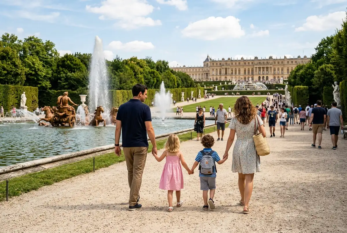 Parents et jeunes enfants marchant main dans la main le long du Grand Canal dans les jardins du château de Versailles, journée ensoleillée, ambiance familiale détendue